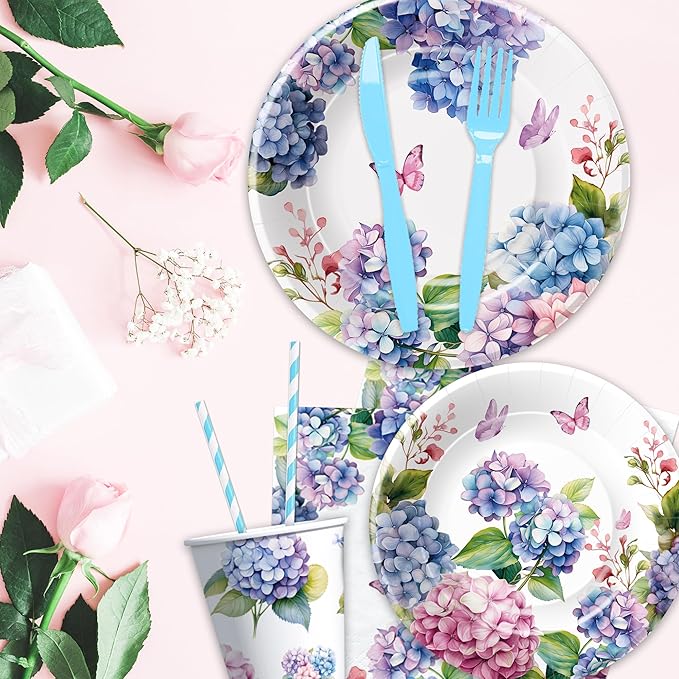 Hydrangea Floral Plates and Napkins Party Supplies - Paper Plate, Cup, Napkin, Fork - Flower Hydrangea Birthday, Bridal, Baby Shower, Wedding Decorations | Serve 24