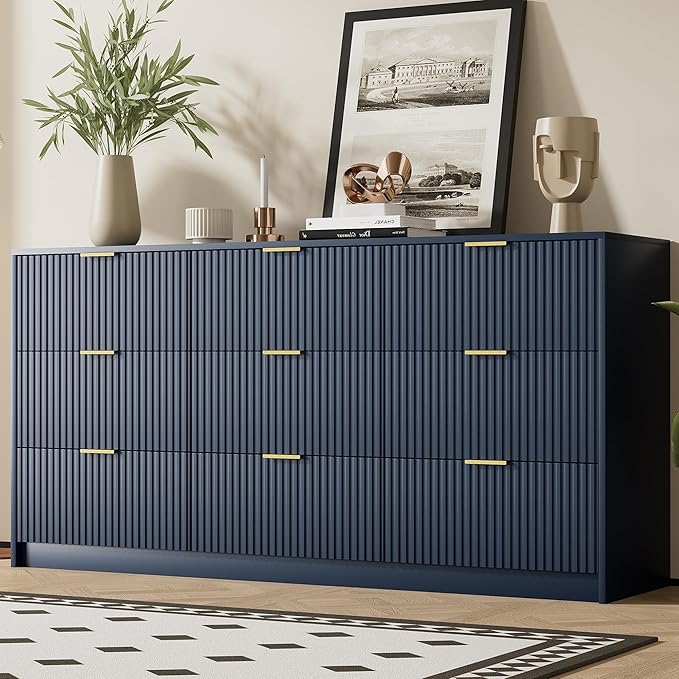 Blue Dresser for Bedroom, Modern Dresser with 9 Drawers and Smooth Slides, Wide Chest of Drawers with Golden Handles for Bedroom, Living Room, Closet, 15.7" D x 63" W x 31.5" H