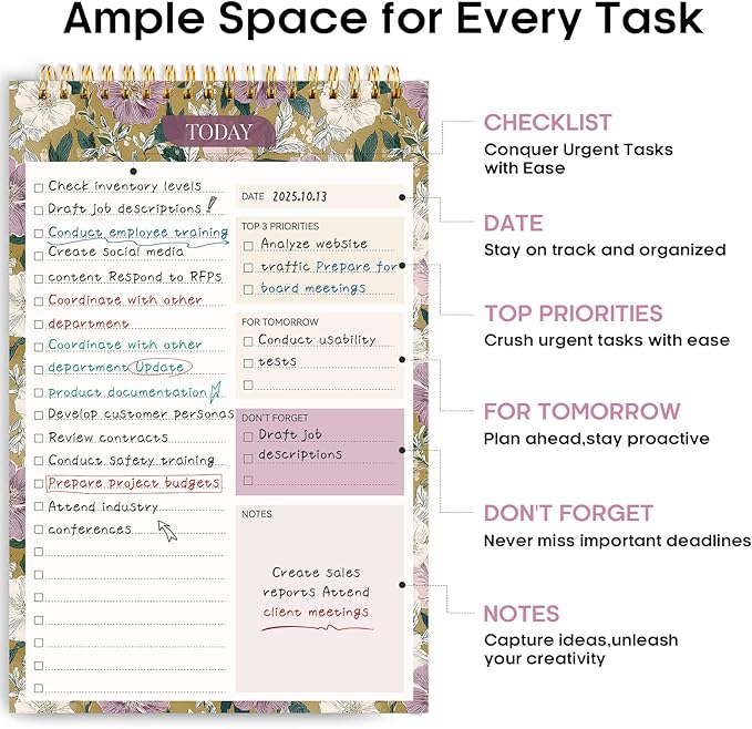 Taja To Do List Notepad - To Do List Notebook for Work with 52 Sheets, 9.8" x 6.5", Undated Daily Planner Perfect for Daily Tasks and Goal Setting, Notepad Suitable for Office, Home & School - Twilight Garden