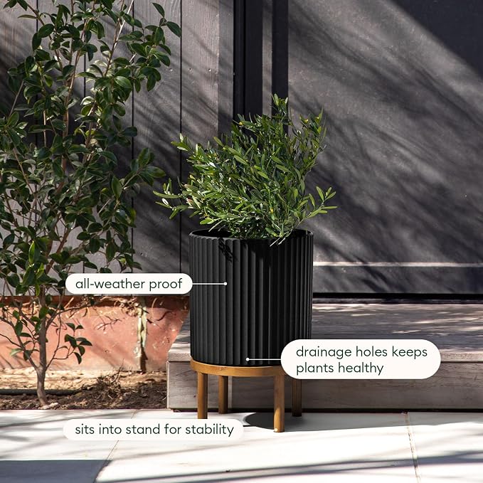 Veradek Demi Series Round Planter w/ Stand for Porch/Patio | Durable Plastic-Concrete & Wooden Stand | Modern Décor for Tall Plants, Flowers