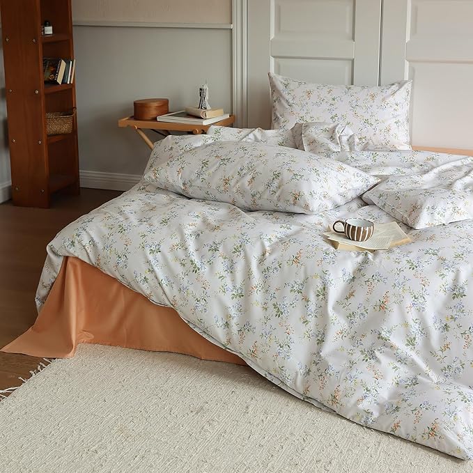 LifeTB Vnitage Style Flower Duvet Cover Set Twin Soft Cotton Botanical Floral Comforter Cove Girls Cottagecore Bedding Set Boho Flower Comforter Cover with Zipper Ties Vintage Country Bedding