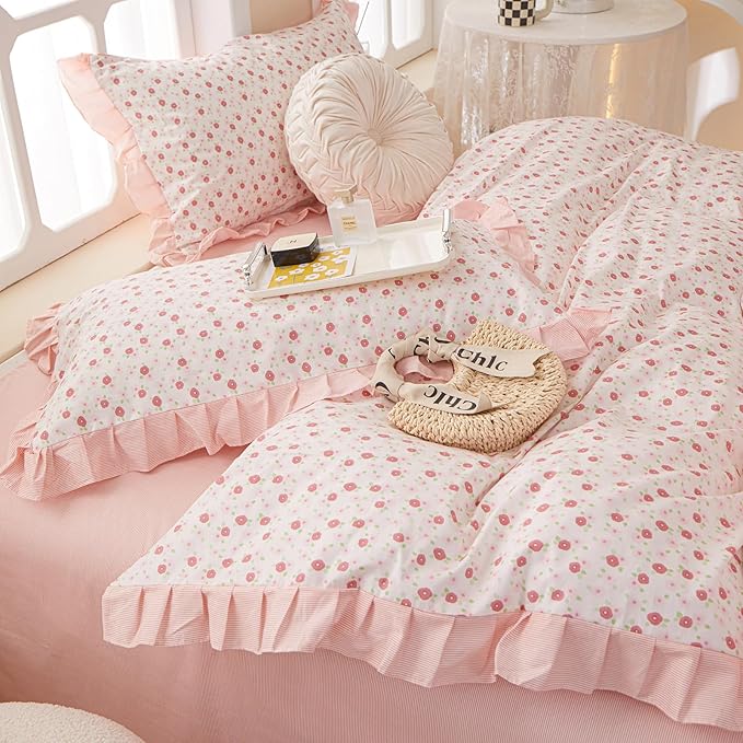 LifeTB Ruffle Duvet Cover Twin Cute Pink Red Flower Duvet Cover 100% Cotton Girls Floral Bedding Cover Reversible Pink Striped Ruffle Comforter Cover Romantic Princess Lace Bedding Set for Teen Girls