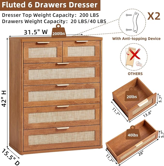 LEYAOYAO Rattan Dresser for Bedroom Set of 2, 41" Tall Chest of Drawers, Modern 6 Drawers Boho Dressers with Storage, Vintage Brown Dresser Wooden Closet Organizer for Living Room, Hallway