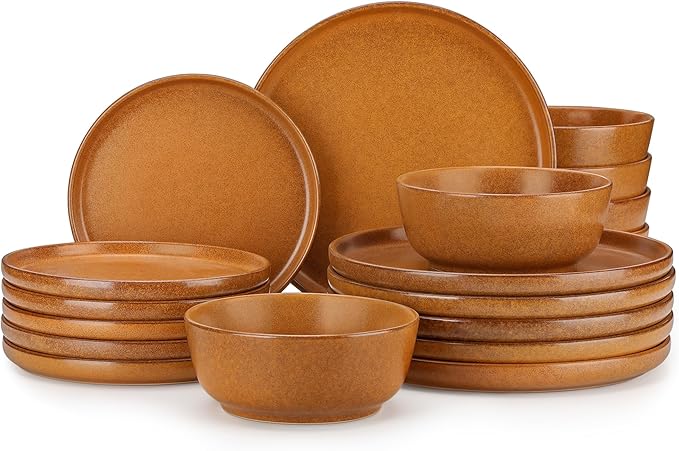 vancasso Plates and Bowls Sets, 18 Pieces Stoneware Dinnerware Set for 6, Ceramic Dish Set for Kitchen, Microwave and Dishwasher Safe, Caramel Yellow, Series ZERMATT