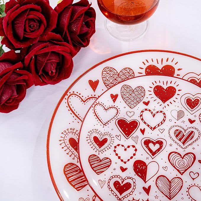 U-QE 20Pcs Red Plastic Plates - Diamond Heart Plates Disposable Heavy Duty, Fancy Love Pattern Perfect for Weddings, Parties, Valentine's Day - 10.25" Dinner Plate & 7.5" Dessert Plate