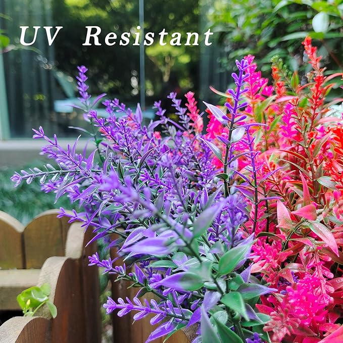 21 Bundles Faux Plants Outdoor Fake Flowers Artificial Flowers Fake Shrubs Greenery Bushes Bouquet UV Resistant Faux Bushes Plastic for Home Garden Decor (7 Colors)