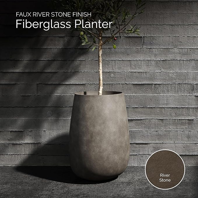 Mondo High Tall Planter – River Stone Finish – Fiberglass Indoor/Outdoor and Weather-Resistant Round Planter (17.7" D x 30.9" H Exterior, 16.5" D x 30.7" H Interior)