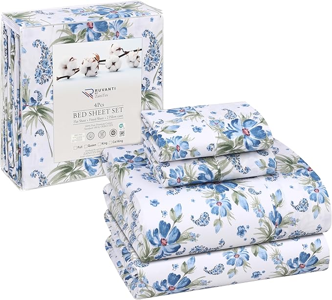 RUVANTI 100% Cotton King Size Sheets Set, 4 Pieces, Soft & Breathable Percale Weave Bedding, Deep Pocket 16", Hotel Standard, Crisp Cool Feel, Durable, Perfect Floral Bed Sheet, Paislyona