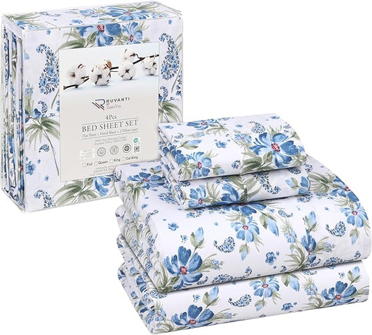RUVANTI 100% Cotton King Size Sheets Set, 4 Pieces, Soft & Breathable Percale Weave Bedding, Deep Pocket 16", Hotel Standard, Crisp Cool Feel, Durable, Perfect Floral Bed Sheet, Paislyona