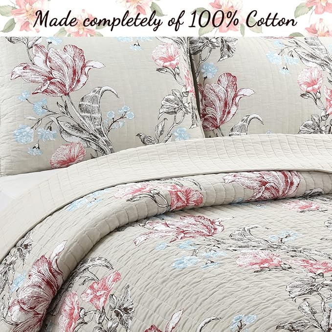 Cozy Line Home Fashions Taupe Khaki Floral Blooming 100% Cotton Reversible Quilt Bedding Set, Coverlet, Bedspread (Taupe Blooming, King - 3 Piece)