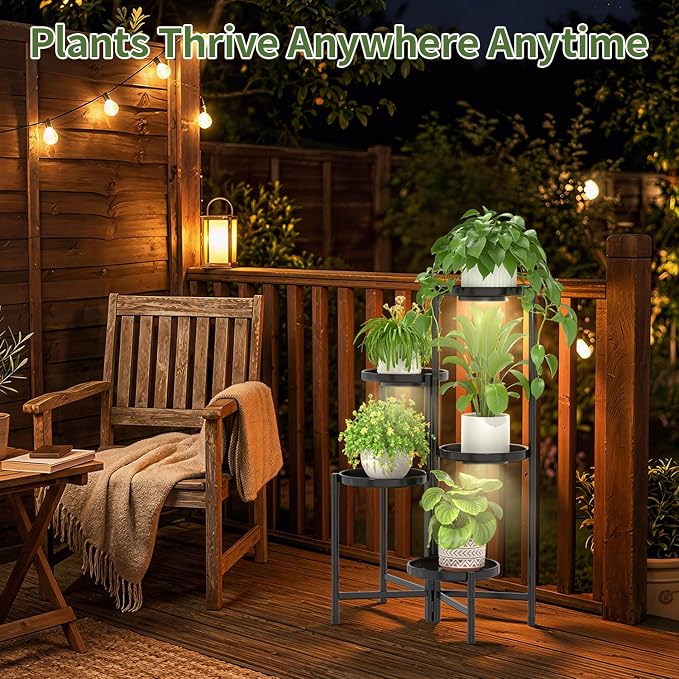 LASZOLA 5 Tier Large Plant Stand Indoor Tall with Grow Lights, Corner Folding Flower Display Rack with 10 Inch Metal Tray, Modern Plant Holder Shelf for Outdoor Patio Porch Garden Living Room, Black