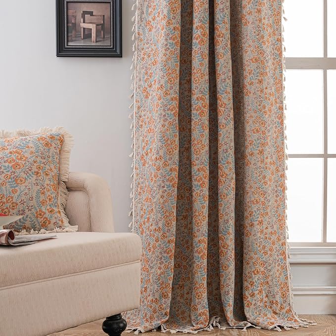 ENJOYBRIDAL Orange Floral Curtains 63 Inch Length Boho Light Filtering Drapes Short Vintage Jacquard Rod Pocket Window Curtains Semi Sheer Bedroom Living Room Tassel 2 Panels Set Window Treatments
