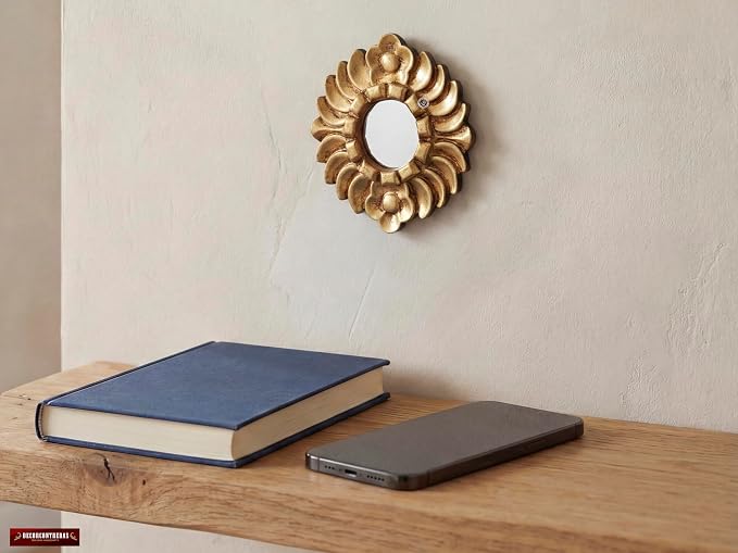 Peruvian Accent Mirror 6" - Small Round Gold Wall Decor - Hand-Carved Sunburst Mirror with Bronze Leaf - Unique (Gold)