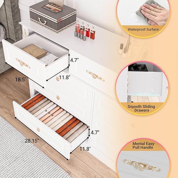 63Wx39H Large Dresser White,9 Drawers Dresser for Bedroom,Retro Chest of Drawers with Gold Knobs, Wooden Storage Dressers, Bedroom Storage Organizer for Closet, Living Room, Hallway