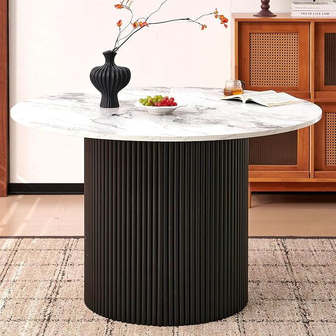 Homedot Modern Round Pedestal Dining Table for 4-6, 47" Kitchen Table with White Marble Grain Tabletop Engineered Wood Base, Classic Dinner Table Fluted Easy Assemble for Living Room Dining Room
