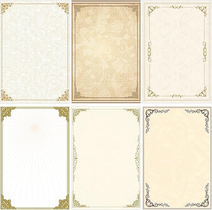 Supervitae 120 Vintage Stationery Paper, 8. 27 x 5. 51 Inch Double Sided Printing Antique Gold Border Elegant Retro Decorative Letter Sheets for Love Letter Party Invitations, 6 Designs