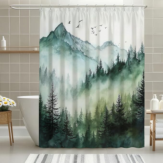Rustic Green Mountain Shower Curtain Natural Tree Scenery Shower Curtains for Bathroom Waterproof Fabric Bath Curtain Decor with Hooks
