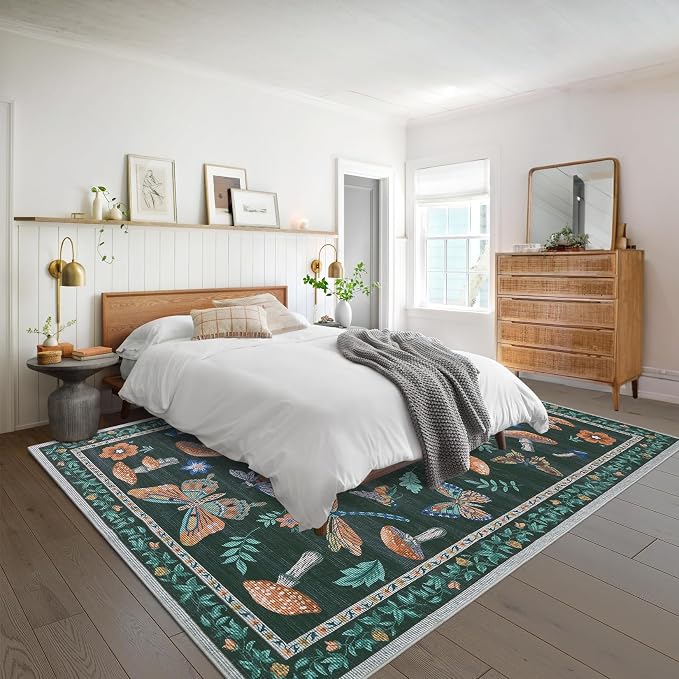 Washable 9x12 Black Area Rugs Living Room Large Rug Boho Vintage Floral Carpet Soft Bedroom Indoor Floor Mats Non-Slip Farmhouse Rustic Style Carpet for Nursery Dining Room Home Decor Office, Black