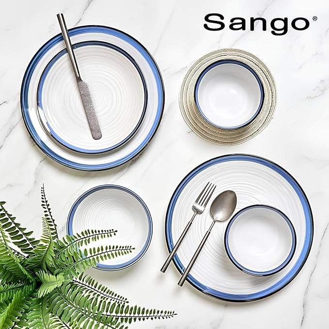 Sango Siterra Santorini 16-Piece Stoneware Dinnerware Set for 4, Ceramic White Plates and Bowls Sets with Blue Rim & Reactive Glaze, Chip Resistant Dish Set, Microwave & Dishwasher Safe Kitchen Dishes