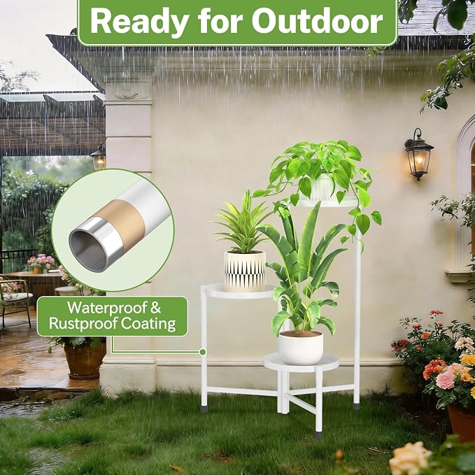 iDavosic.ly 3 Tier Large Plant Stand Indoor, 10 Inch Wide Tall Corner Metal Plant Stands Outdoor for Multiple Plants, Folding Tiered Flower Display Holder Rack Shelf, White