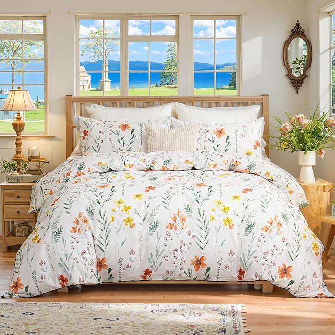 Floral Duvet Cover Queen Size, 100% Nature Cotton 3 Pcs Garden Floral Aesthetic Bedding Set with Zipper Closure Ultra Soft&Breathable Cottagecore Botanical Duvet Cover Set