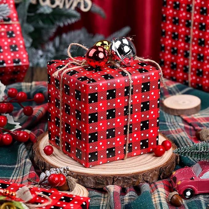 MAYPLUSS Wrapping Paper Roll 17in* 32.8 feet Red and Black Plaid with White Star for Christmas,Birthday,Party,Holiday,Vintage Wrapping Paper for all Occassions (TTL:46.8sqft)