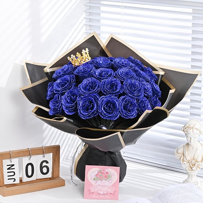 Waipfaru 36 Pcs Glitter Roses Bouquet, DIY Fake Flowers Bouquet, Artificial Blue Rose Bouquet for Valentines, Mothers Day Gifts, Anniversary, Engagement, Wedding
