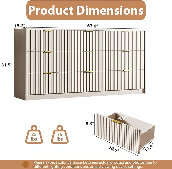 3-Piece Dresser Bedroom Set, 9 Drawer Dresser & 3 Drawer Nightstands with Gold Handles, Fluted Wood Chest of Drawers for Bedroom, Living Room, Entryway, Beige