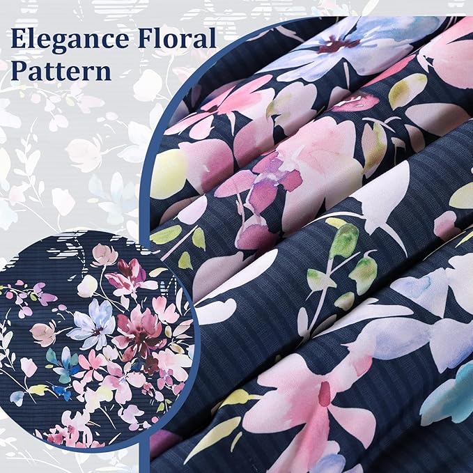 Dobuyly King Size Comforter Set, 7 Pieces Navy Blue Floral Comforter Set, Bed in a Bag King with Botanical Flowers Pattern, All Season Farmhouse Bedding Set with Sheets, Pillowcases & Shams