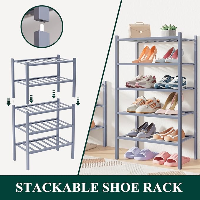 Smiry Bamboo Shoe Rack for Closet, 2 Tier Long Wooden Stackable Shoe Organizer, Free Standing Shoes Storage Shelf for Entryway, Front Door Entrance, Grey