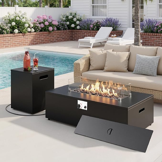 Belord 42 Inch Outdoor Propane Fire Pit - 50,000 BTU Iron Rectangular Fire Pit Table with Hidden Tank Table, CSA Certifed, Lid & Guard Glass, 2 in 1 Outdoor Gas Fireplace for Patio Deck, Black