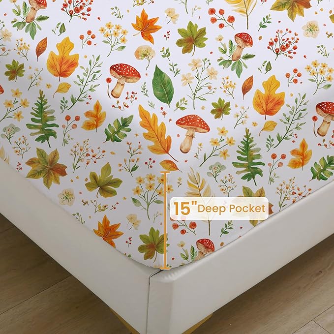 Softan Orange Floral King Size Sheet Set, Printed Microfiber Fitted Sheet with 15" Deep Pockets & Non-Slip Straps, Maple Leaves & Mushroom Patterned Bedding Sheets & Pillowcase Set