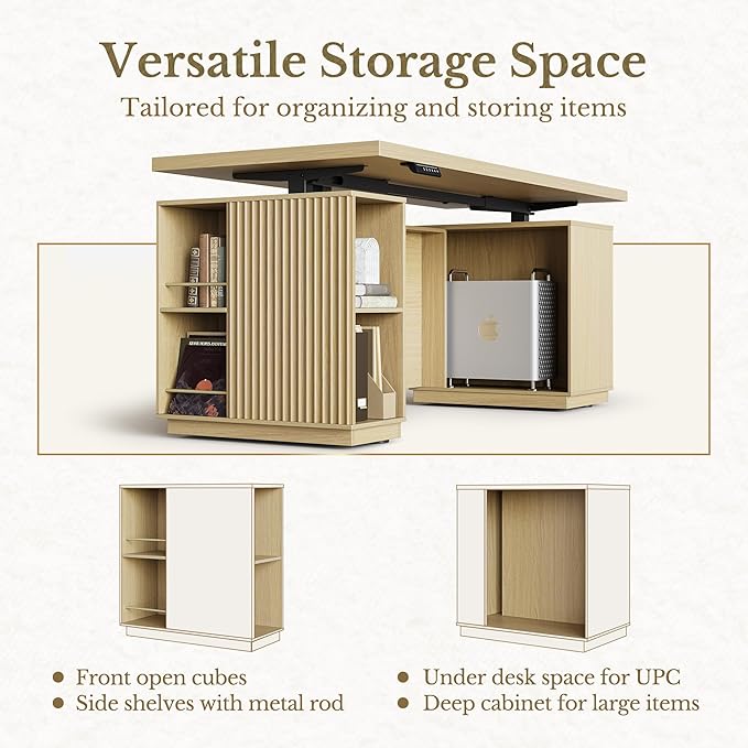 70" Standing Desk with Storage, Executive Electric Height Adjustable Stand Up Desk with AC/USB and Privacy Panel, Large One-Piece Destop, Fluted Computer Desk for Home Office, Light Walnut