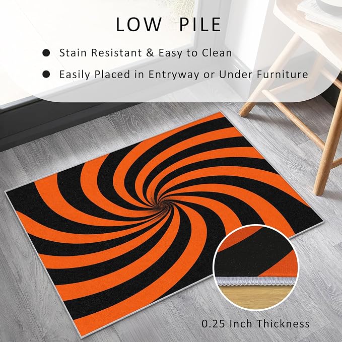 70s Rug 6x9 Swirl Abstract Black Orange Striped Pattern Area Rugs for Living Room, Bedroom, 70s Home Decor Accessories Indoor Carpet, Non Slip & Machine Washable, GD0379