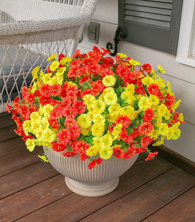 Artificial Mums for Outdoors Fake Fall Flowers Plants for Autumn Decoration, 12 Bundles Silk Morning Glory with Eucalyptus Look Real UV Resistant Faux Mums for Outside Planters Yard Patio Porch, Mix