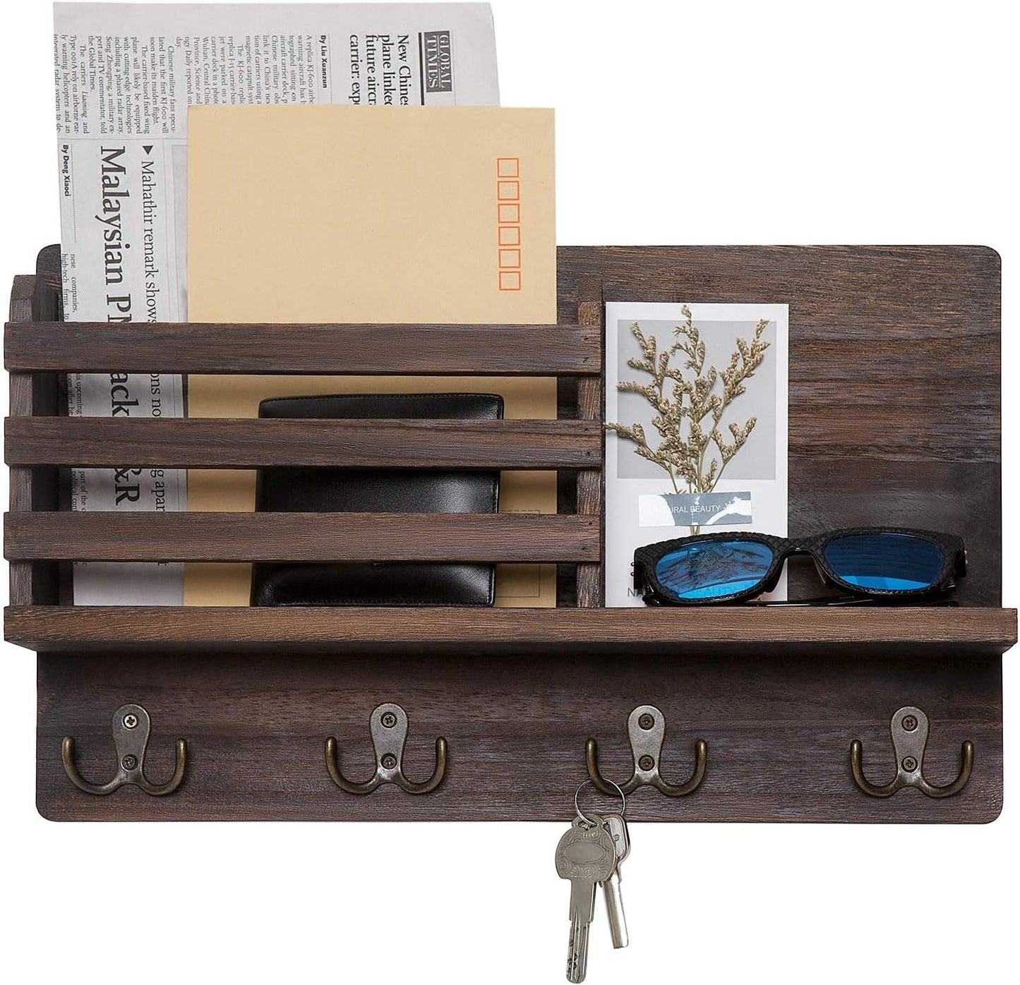 Wooden Key Holder | Rustic Wall Organizer with Hooks - Stylish Mail & Key Chain Storage