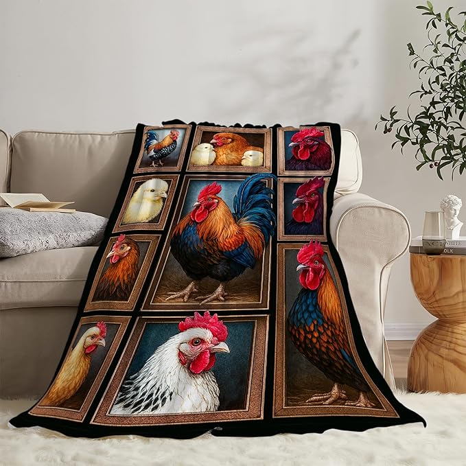 Rooster Blanket Chicken Throw Blanket Farm Animal Soft Cozy Fleece Fuzzy Stuffed Plush Flannel Gifts for Girls Women Boys Kids Adults 50"X60"