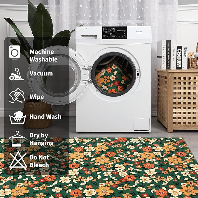 9x12 Area Rug Washable Modern Floral Rug for Living Room Low Pile Soft Bedroom Rugs Non Slip Modern Indoor Large Carpet Thin Foldable Floral Carpet for Nursery Dining Playroom, Green