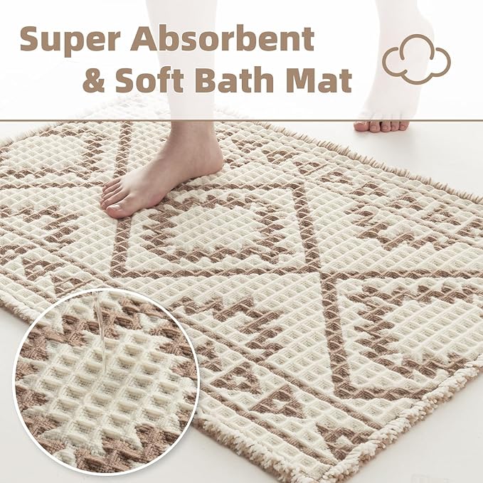 PADOOR-Waffle Bath Mat 24"x36"-Super Absorbent Bath Mats for Bathroom, Machine Washable Non Slip Bathroom Rug with Tassels, Soft Bathroom Mat for Laundry Room, Bedroom, Cream & Brown, 2'x 3'