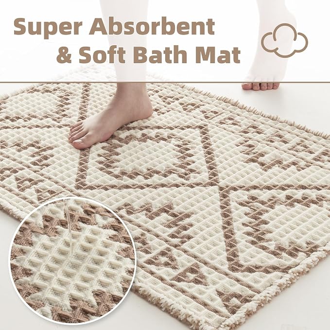 PADOOR-Waffle Bath Mat-Super Absorbent Bath Mats for Bathroom, Machine Washable Non Slip Bathroom Rug with Tassels, Soft Bathroom Mat for Laundry Room, Bedroom,Cream & Brown 17"x28"