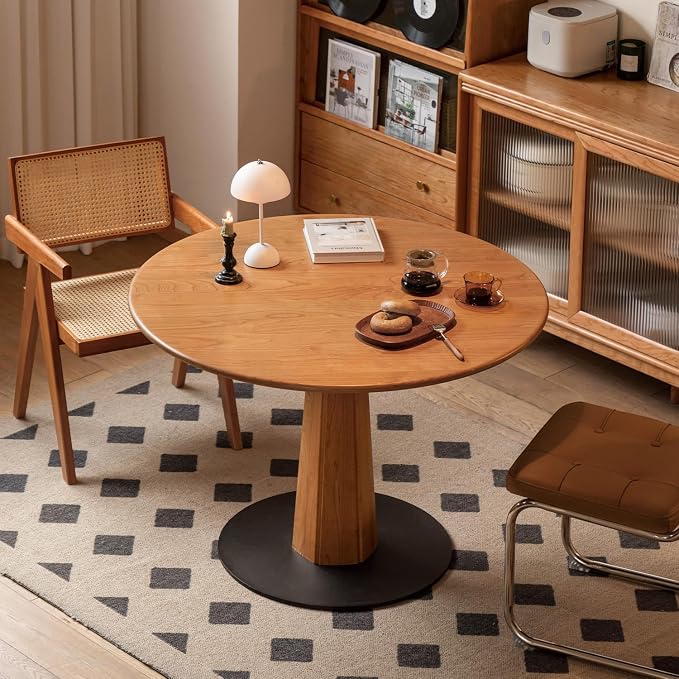 YESWOOD 43.3’’ Round Dining Table for 4, Solid Ash Wood Kitchen Table with Metal Pedestal Base, Farmhouse Dinner Table for Dining Room, Living Room, Study, Natural