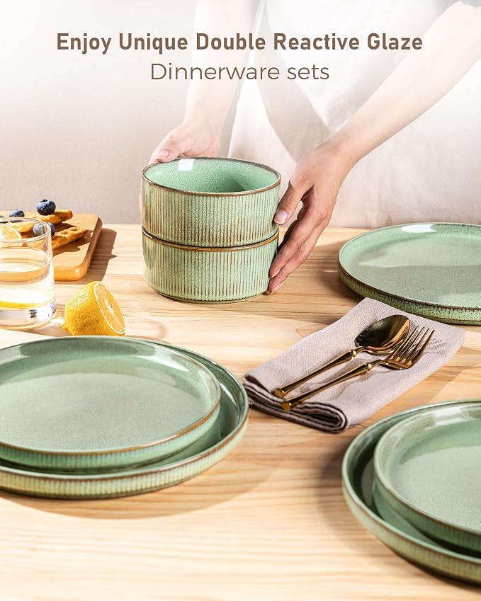 GBHOME 12-Piece Stoneware Dinnerware Set for 4 – Ribbed Ceramic Plates and Bowls, Scratch-Resistant, Microwave & Dishwasher Safe, Reactive Glaze, Pastel Green