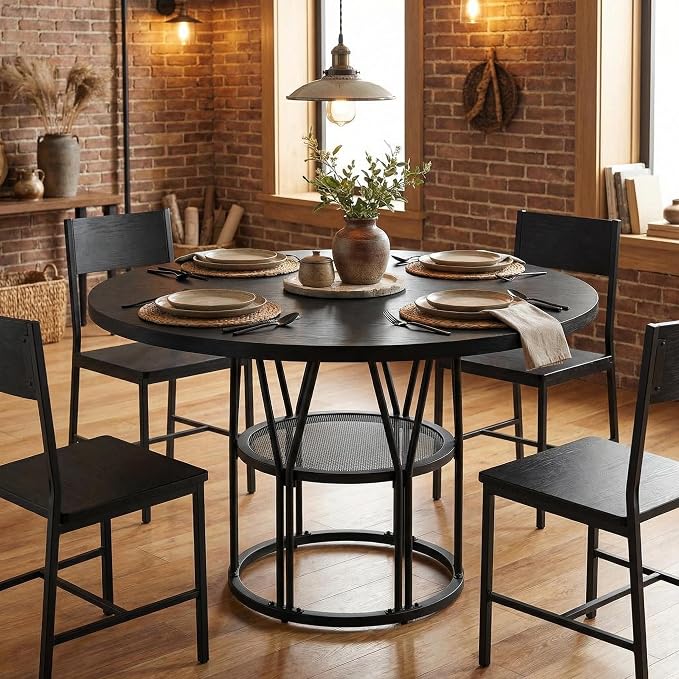 Garvee Round Dinning Table for 4-6 - 47" Circle Dinner Table with Storage Shelf & Sturdy Metal Frame, Modern Breakfast Tea Desk for Kitchen, Living Room, Apartment, Office, Black