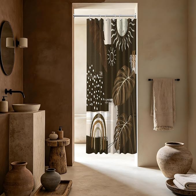 Dark Brown Mid Century Modern Shower Curtain Boho Abstract Khaki Earth Tone Shower Curtains for Bathroom Decor Sets, Waterproof Cloth Fabric with Hooks, 36 x 72 Inch