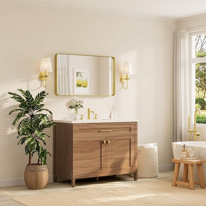 TETOTE Brushed Gold Bathroom Mirror, 40 x 24 Inch Metal Framed Mirror, Brushed Brass Rectangle Wall Mounted Golden Vanity Mirror (Horizontal/Vertical)