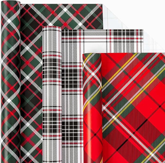MAYPLUSS Christmas Wrapping Paper Roll - Mini Roll - 17.3 inch X 120 inch Per roll - 3 Different Red & Black Plaid Design (43.2 sq.ft.ttl)