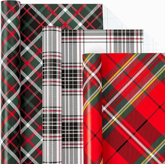 MAYPLUSS Christmas Wrapping Paper Roll - Mini Roll - 17.3 inch X 120 inch Per roll - 3 Different Red & Black Plaid Design (43.2 sq.ft.ttl)