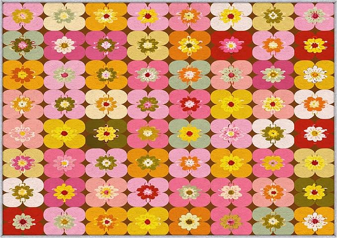 70s Floral Rugs 6x8, Retro Colorful Groovy Washable 6 x 8 Area Rug for Living Room, Bedroom, Low Pile Non Slip Stain Resistant Carpet, 70s Retro Home Decor Accessories & M845