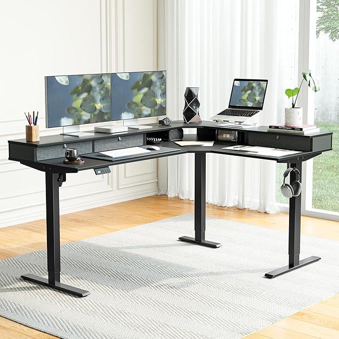 FEZIBO L Shaped Electric Standing Desk, 63 x48 inch Large with Drawers | Reversible Tabletop, 2 Memory Height Settings | Home Office & Gaming Height-Adjustable Table, Black Top/Black Frame