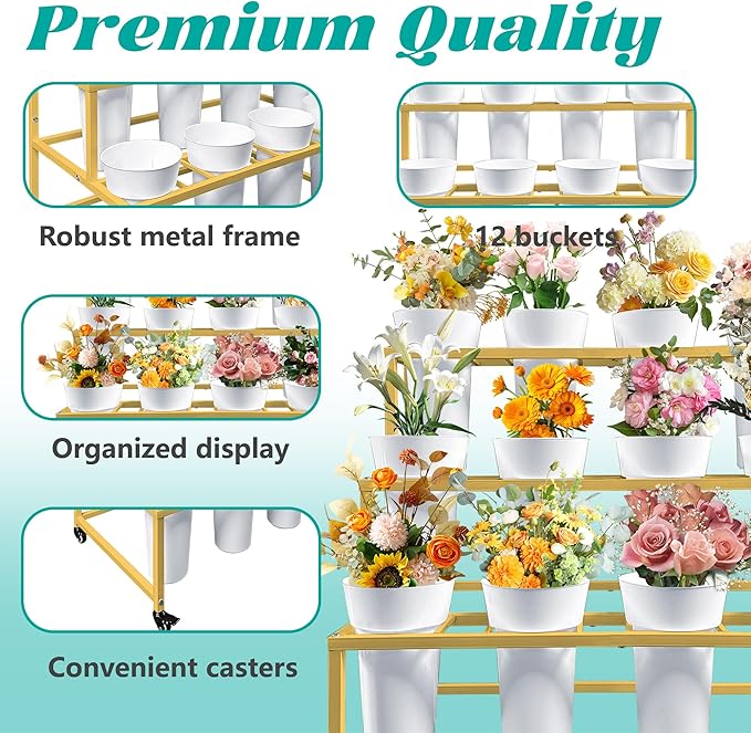PROLEE Flower Stand with 12 Buckets, Flower Display Stand with Wheels, Flower Cart, Moving Florist Bouquet Shelf, Rectangular, Gold